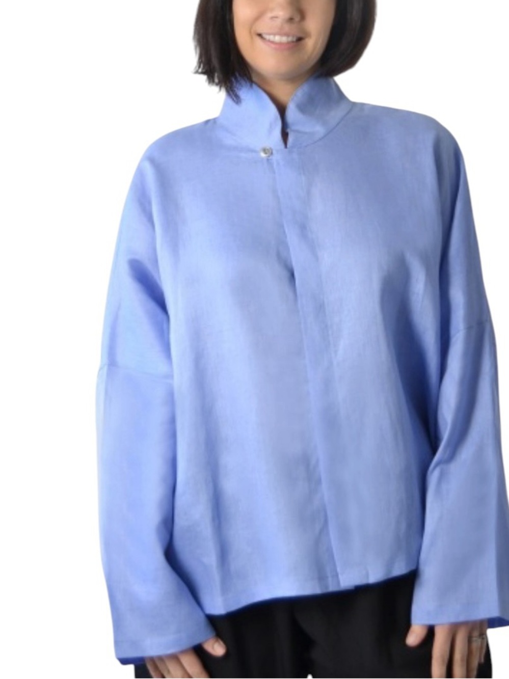PLANET By Lauren G Handkerchief Linen Signature Button Front Shirt  in Blue - Picture 4 of 13